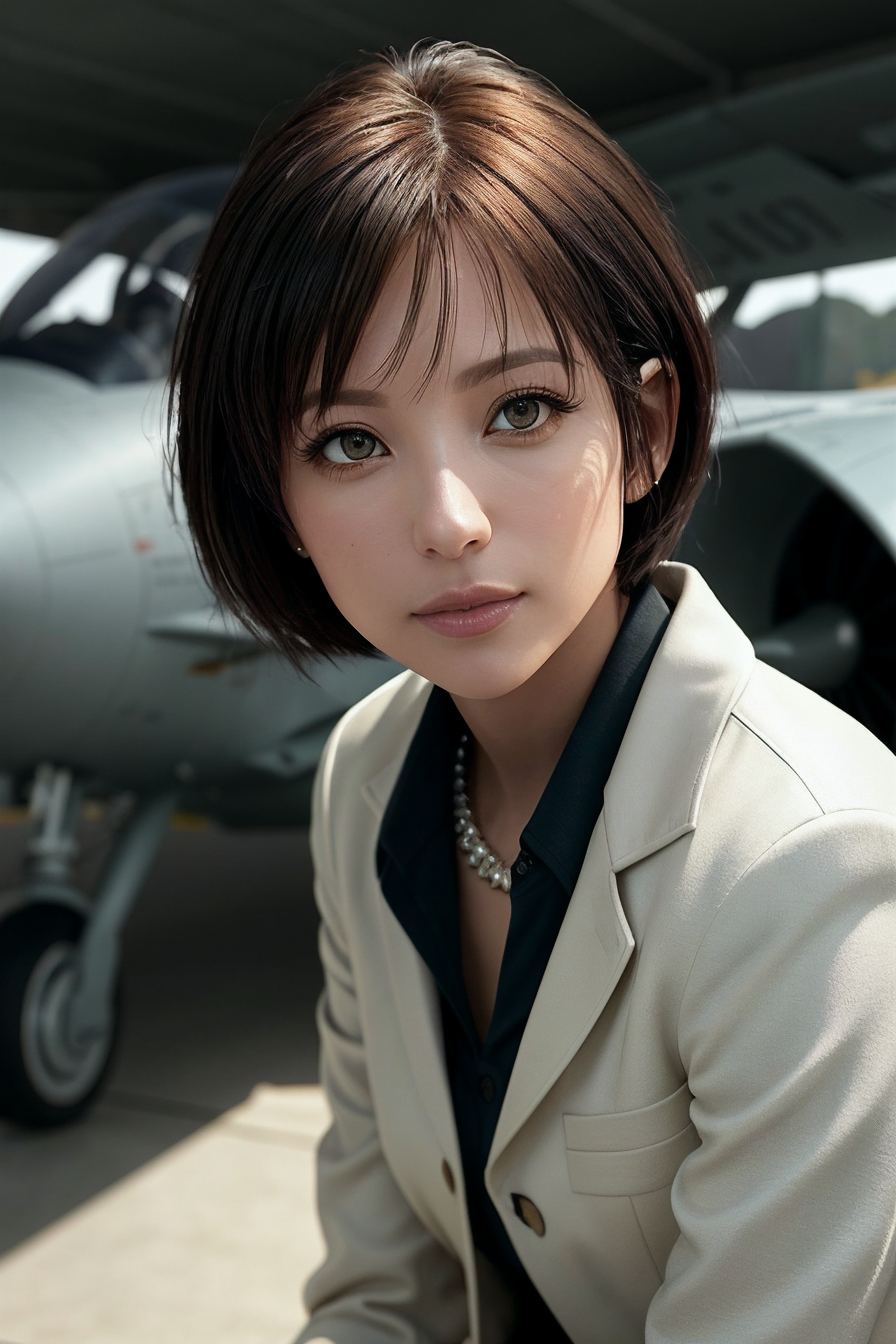 00157-photo of a beautiful woman  (EP4y4n4K4j1w4r4_0.99), a woman as a sexy air pilot, (sexy pilot suit_1.1), (in a hangar), (in front-0000.png